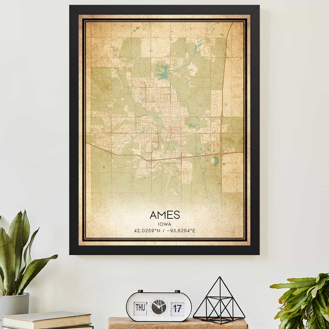Vintage Ames Iowa City Downtown Street Map Coordinates Wall Art