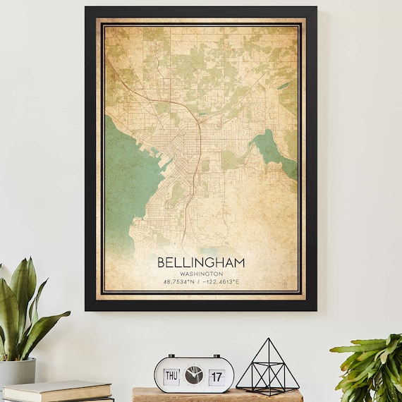 Bellingham Washington Vintage City Map Poster Coordinates Wall Decor