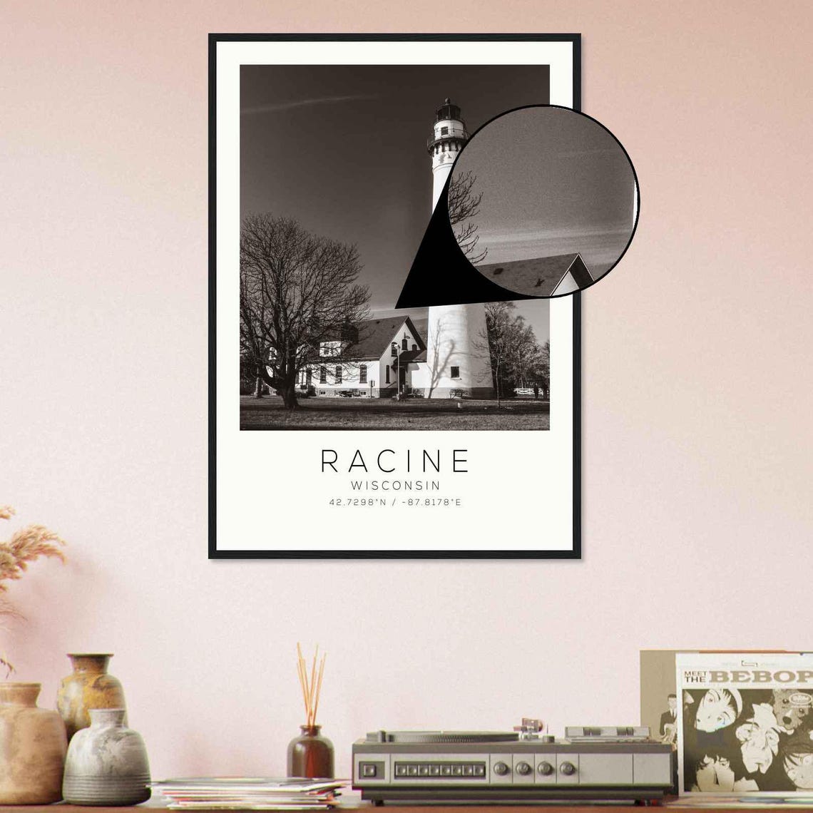 Racine Wisconsin Wind Point Lighthouse Black and White Photo Poster - Image 4