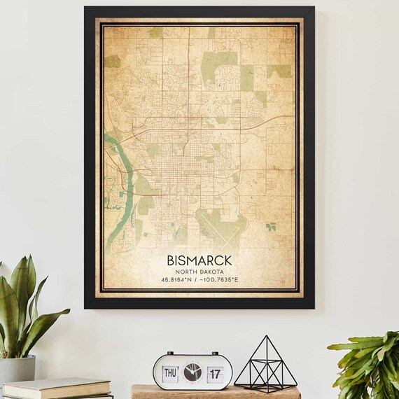 Vintage Bismarck North Dakota City Map Poster with Coordinates Decor