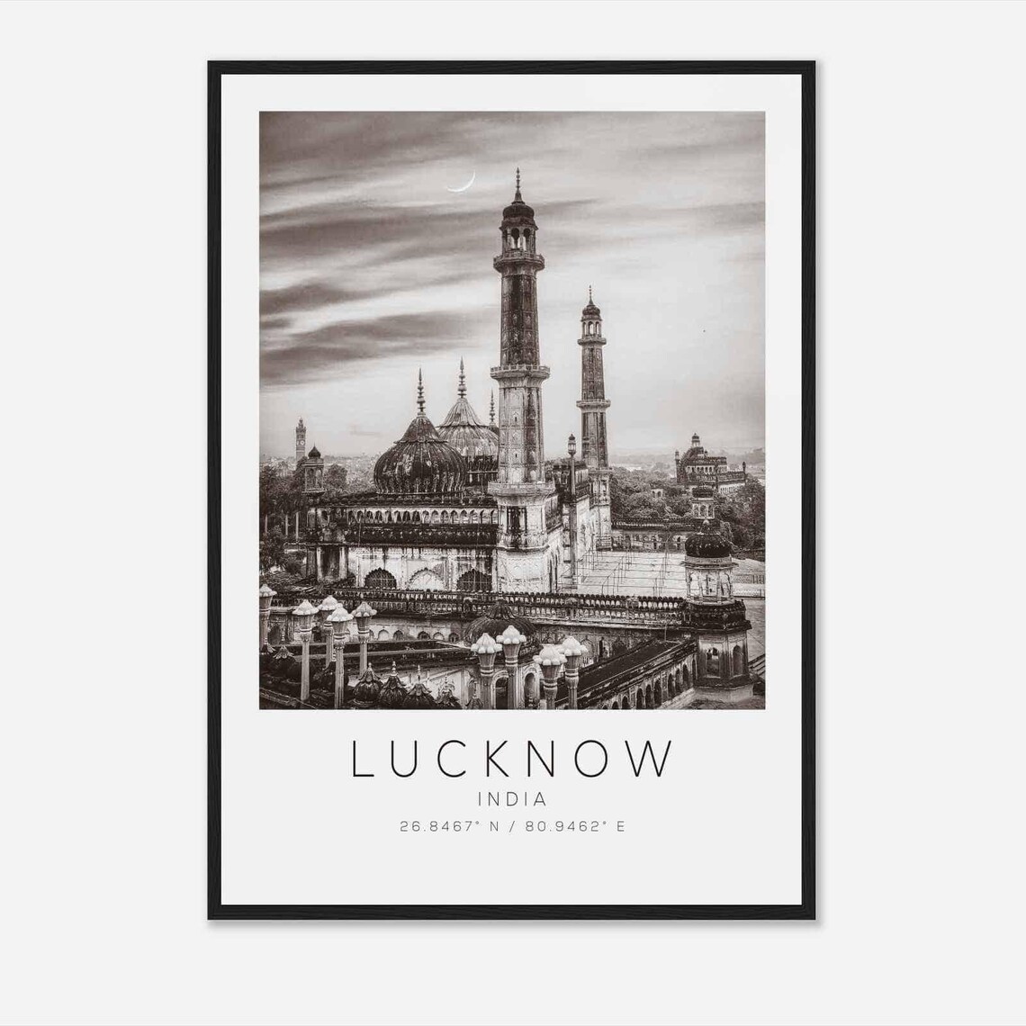 Lucknow India Historic Mosque Architecture Black White Photo Poster