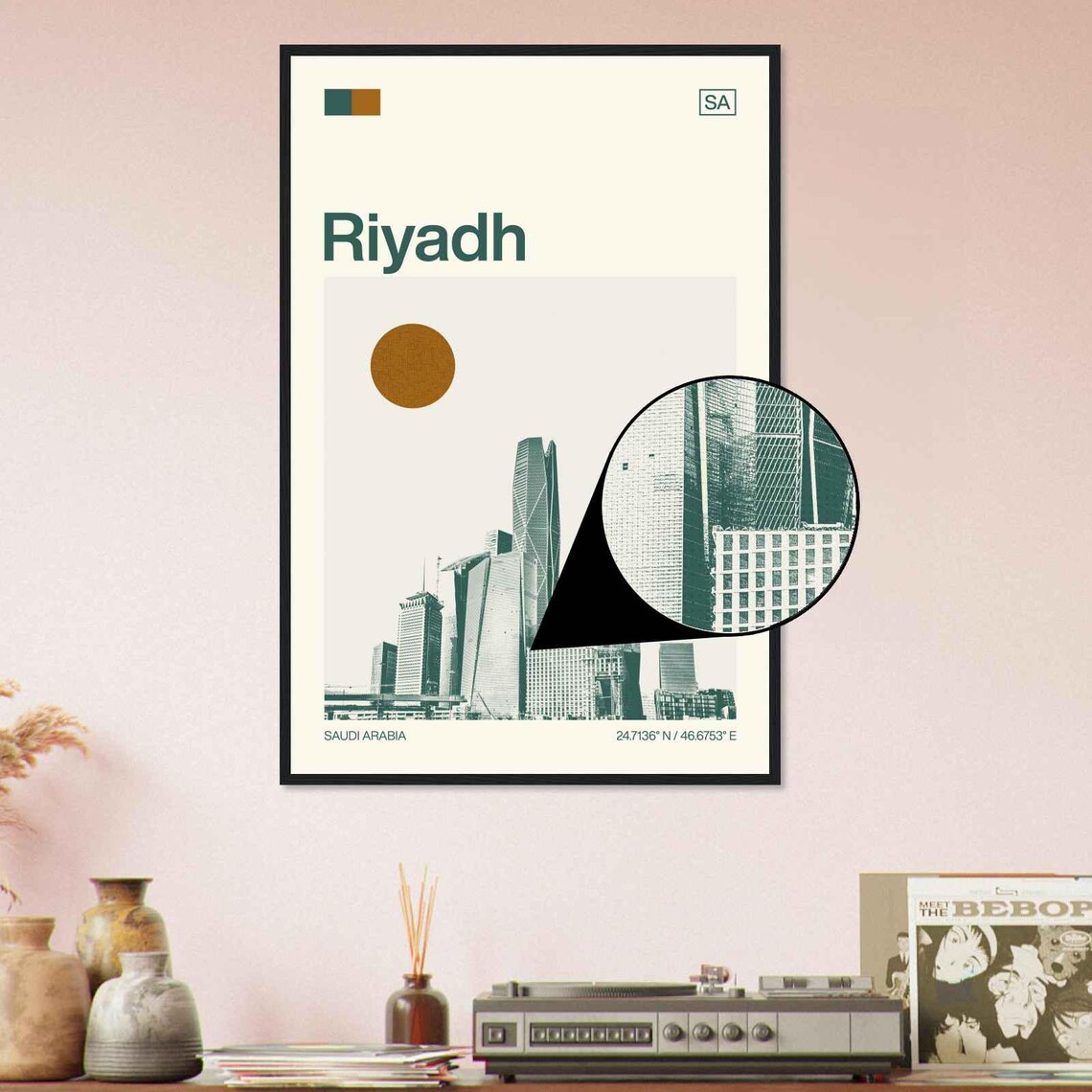 Riyadh Saudi Arabia Geometric Towers Skyline Sun Duotone Travel Poster - Image 4