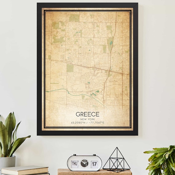 Greece Town New York Vintage City Street Map Custom Decor Poster