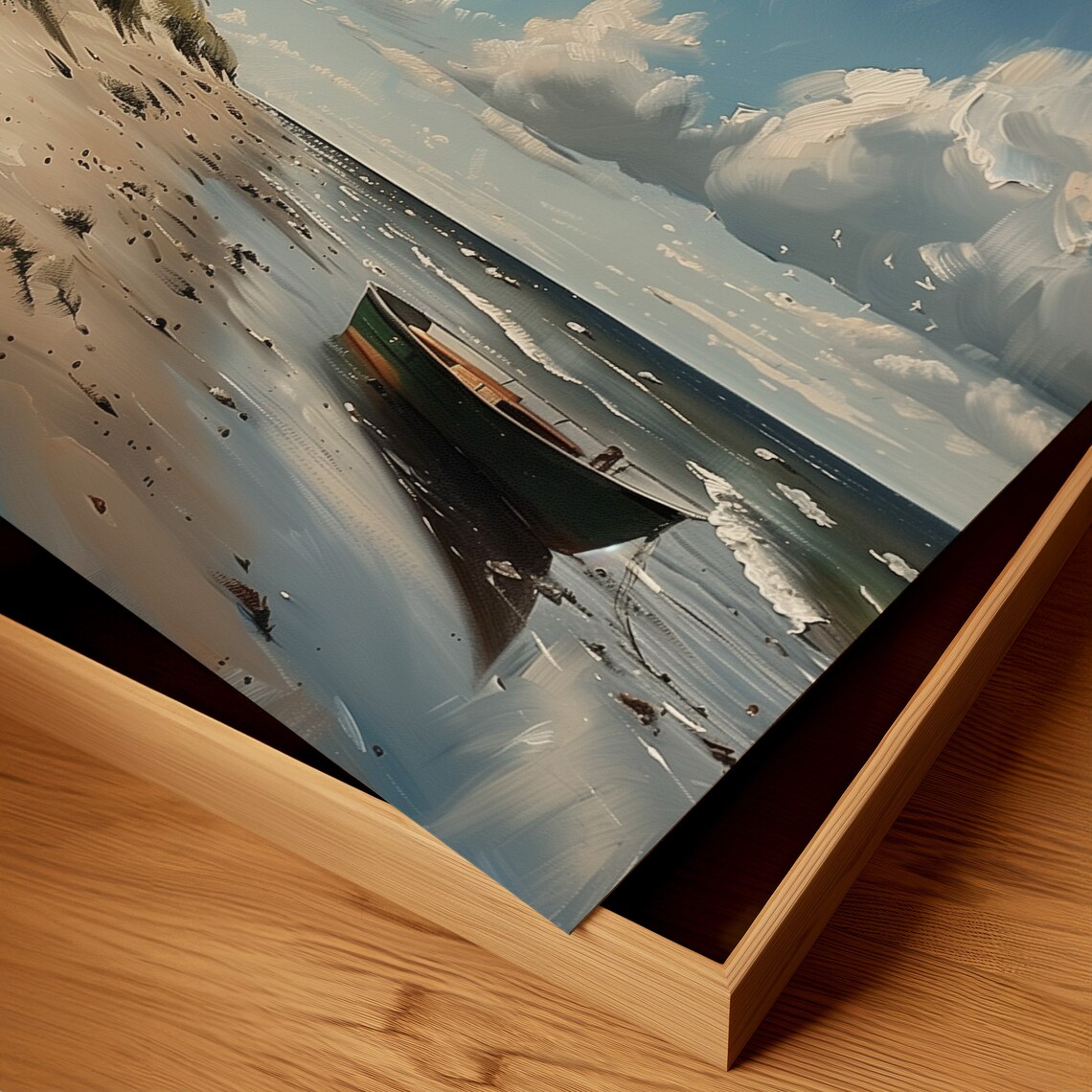 Sandy Beach Rowboat Under Big Clouds Vintage Coastal Painting Poster - Image 2