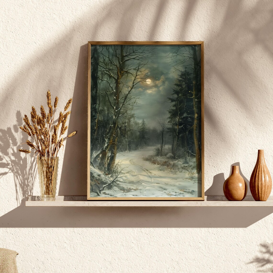 Moonlit Snowy Forest Path Winter Night Vintage Landscape Painting Poster - Image 2