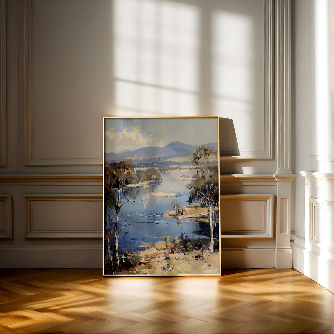 Serene Lake Landscape with Eucalyptus Trees and Mountain View Poster - Image 2