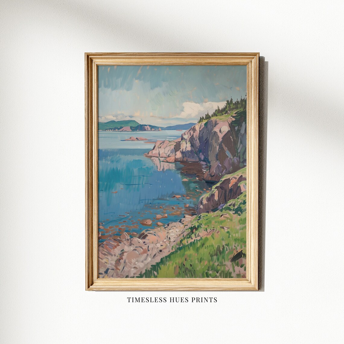 Rocky Coastal Cliffs over Bright Blue Water Impressionist Seascape Poster