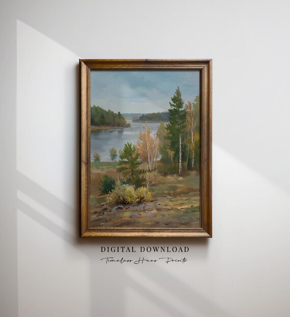 Autumn Lake Landscape Painting Birch Trees Fall Nature Poster