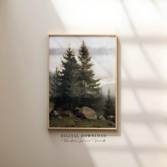 Vintage Pine Tree Art Moody Forest Landscape Rustic Cabin Decor Oil Painting Print Dark Academia Style