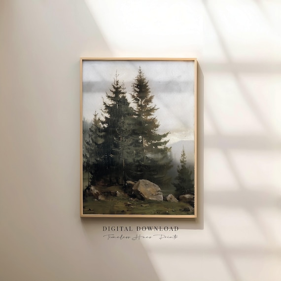 Vintage Tall Pine Trees Misty Forest Landscape Oil Painting Print