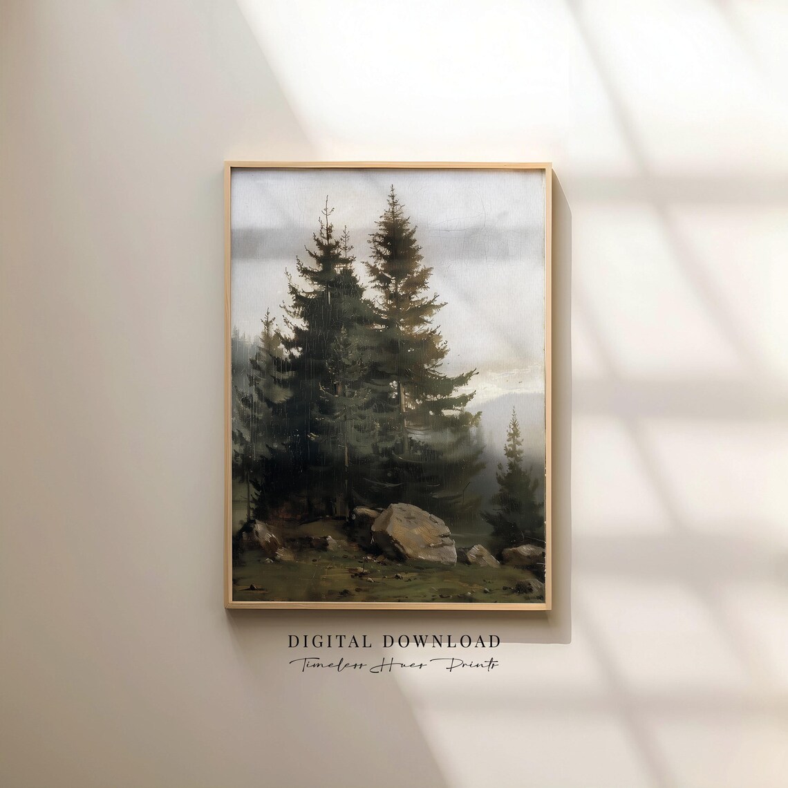 Vintage Tall Pine Trees Misty Forest Landscape Oil Painting Print