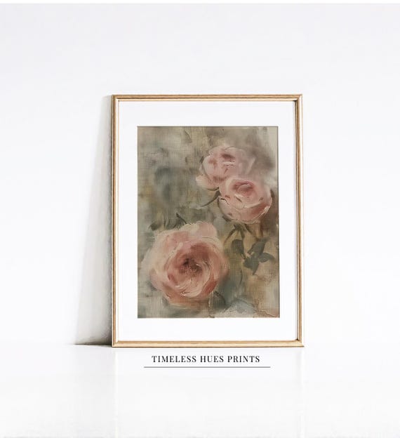 Moody Pink Rose Painting Vintage Floral Print Romantic Bedroom Decor Muted Flower Wall Art Ethereal Style