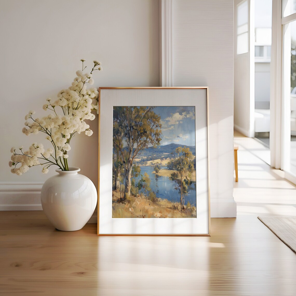 Blue River Valley With Golden Trees Lake Watercolor Rustic Landscape Art Poster - Image 3