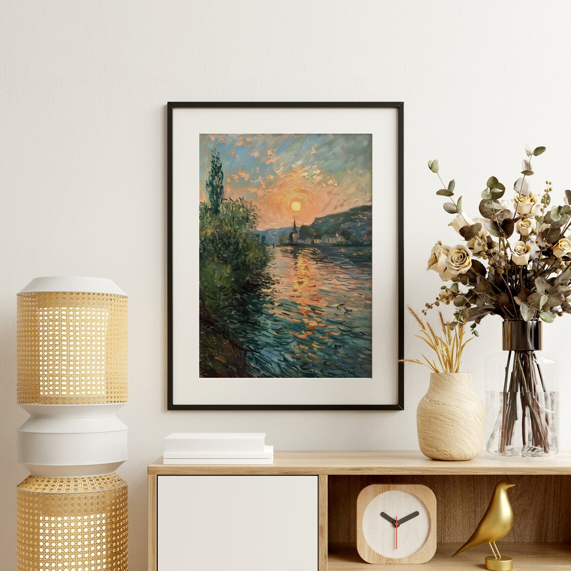 Sunset Over River With Orange Sun Reflection Impressionist Evening Poster - Image 3