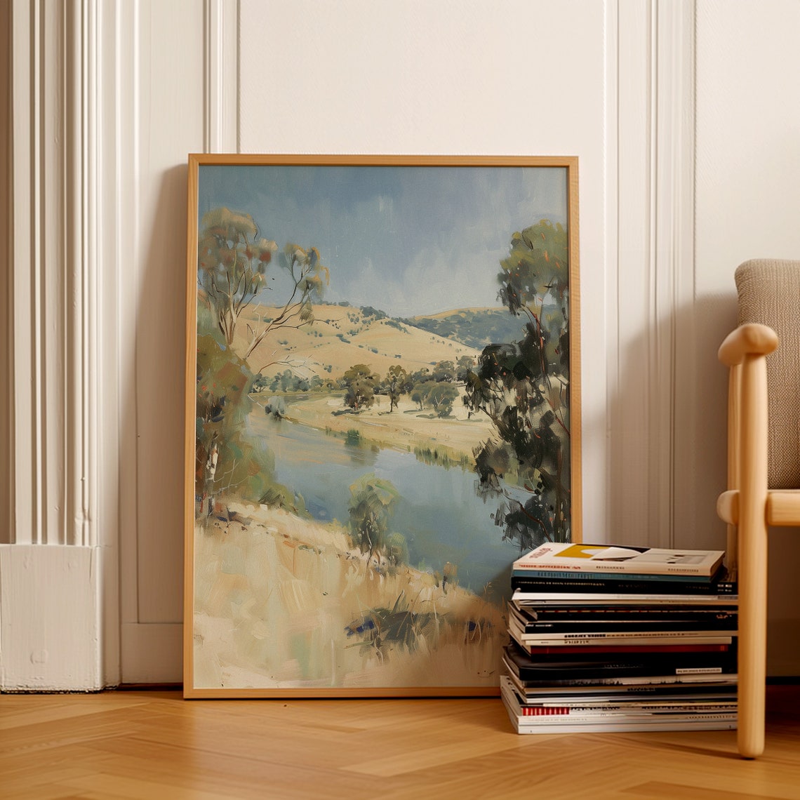 Golden Lakeside River Landscape with Hills Impressionist Nature Poster - Image 2