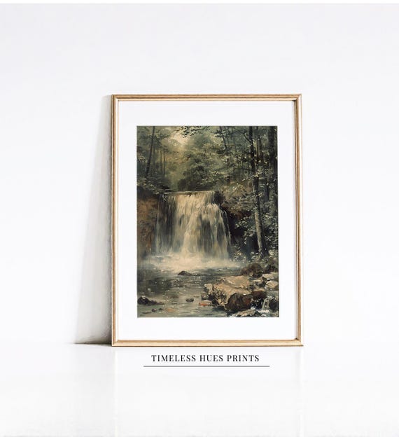 Waterfall Painting Vintage Moody Forest Landscape Art Dark Academia Decor Rustic Cabin Wall Antique Scenery