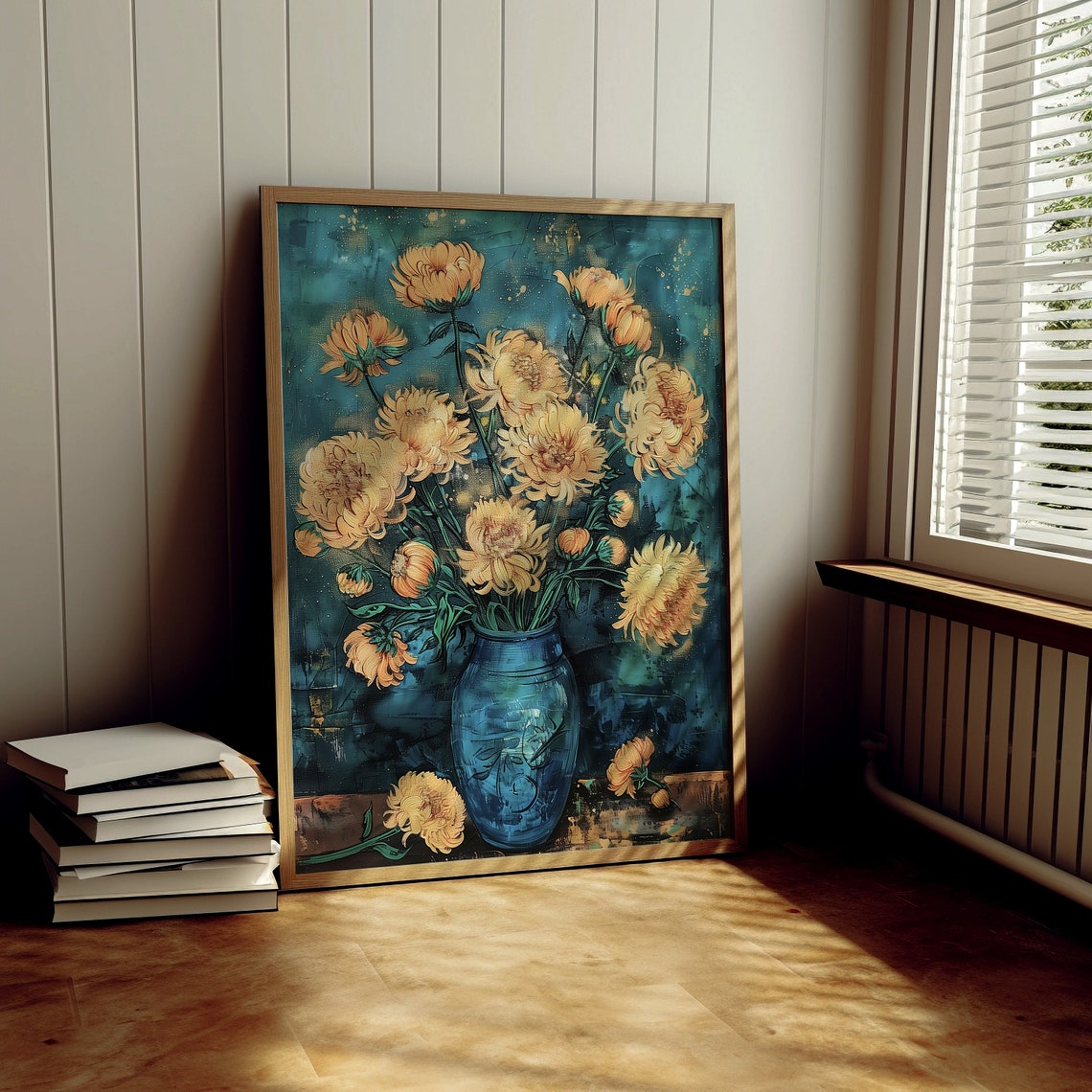 Golden Chrysanthemums Blue Vase Teal Background Floral Poster - Image 2