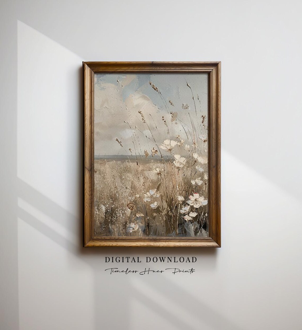 Wildflower Field in Soft Beige Tones Floral Landscape Wall Art
