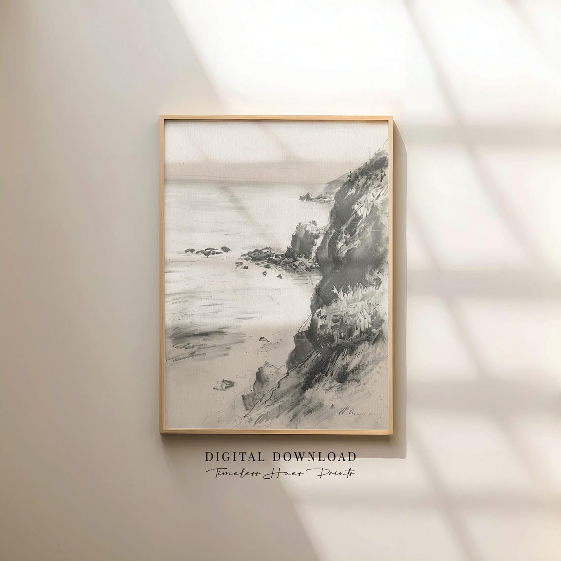 Charcoal Coastal Cliffs Sketch Black and White Seascape Poster