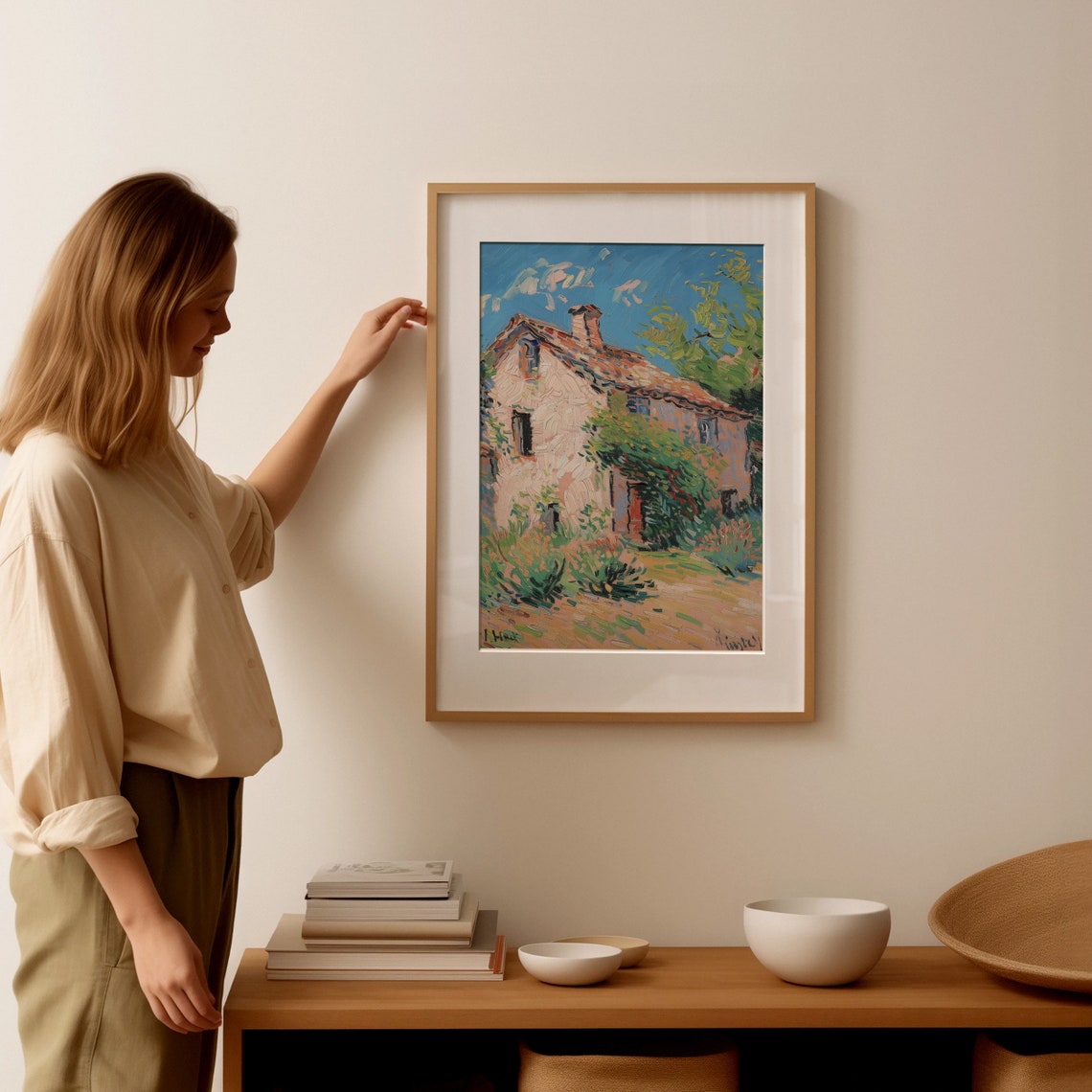 Sunlit Stone Farmhouse Blue Sky Bold Impressionist Cottage Poster - Image 2