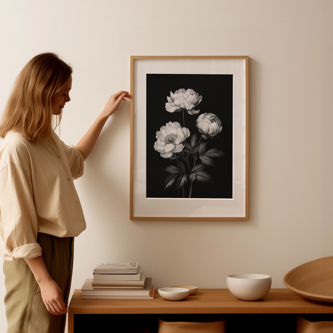 White Peony Blossoms In Dramatic Black And White Floral Poster - Image 3