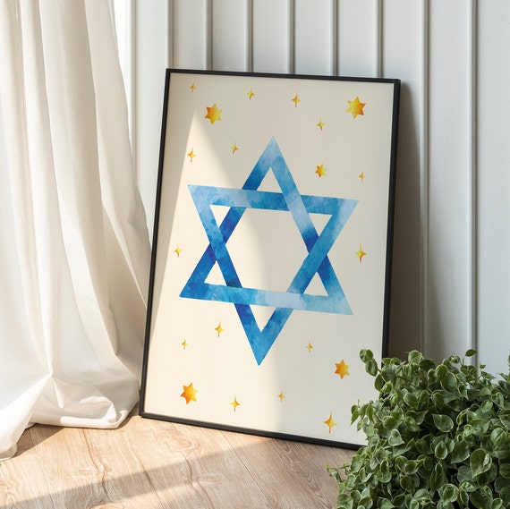 Star Of David Print Art Cute Watercolor Hanukkah Illustration Art Blue Jewish Holiday Wall Decorations