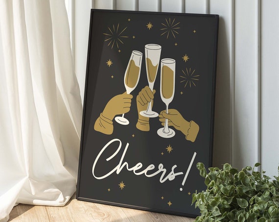 Cheers Print Art Black And Gold New Years Eve Print Cute Holiday Wall Decorations