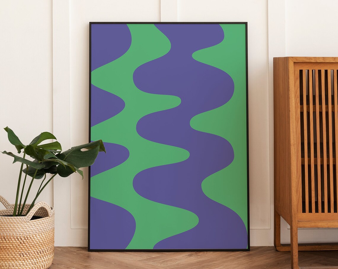 Green and Purple Groovy Wavy Lines Bold Retro Abstract Poster