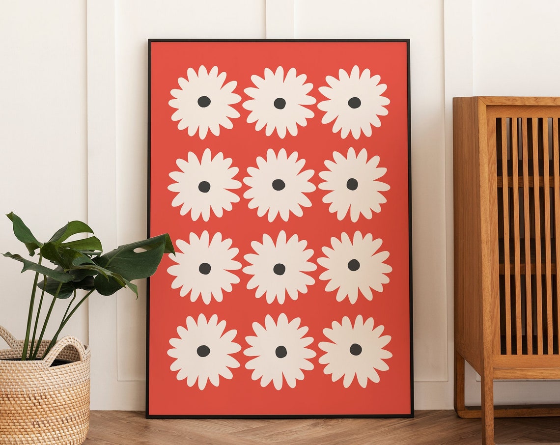 Red Daisy Print Art Flower Wall Art Red Daisies Floral Art Print Cute Trendy Wall Art