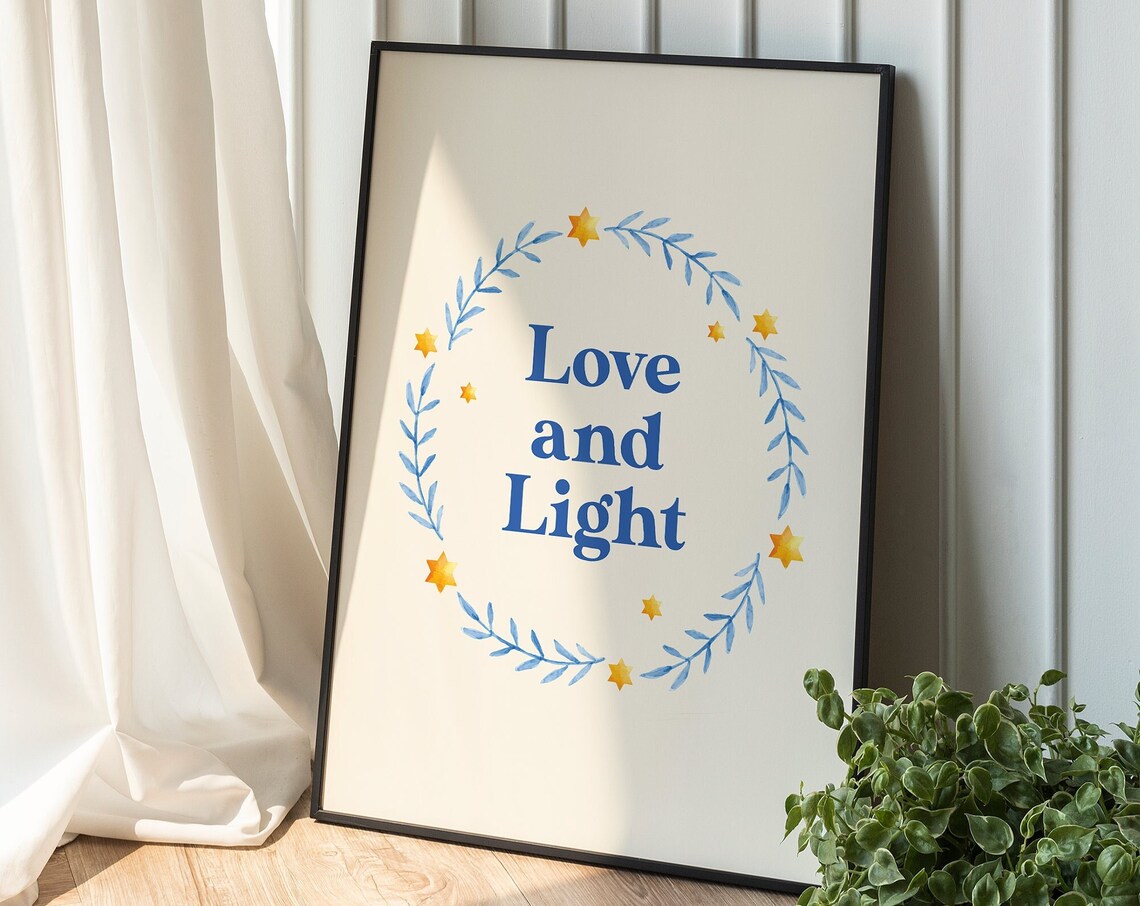 Love And Light Blue Wreath Gold Stars Hanukkah Holiday Poster
