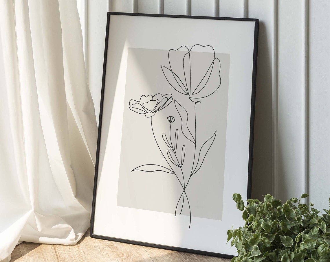 Neutral Botanical Line Art Beige Minimalist Flower Sketch Poster