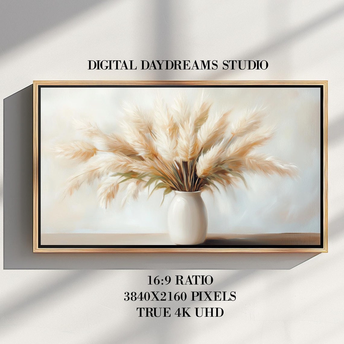 Neutral Pampas Grass Bouquet White Vase Boho 4K Frame TV Art Print