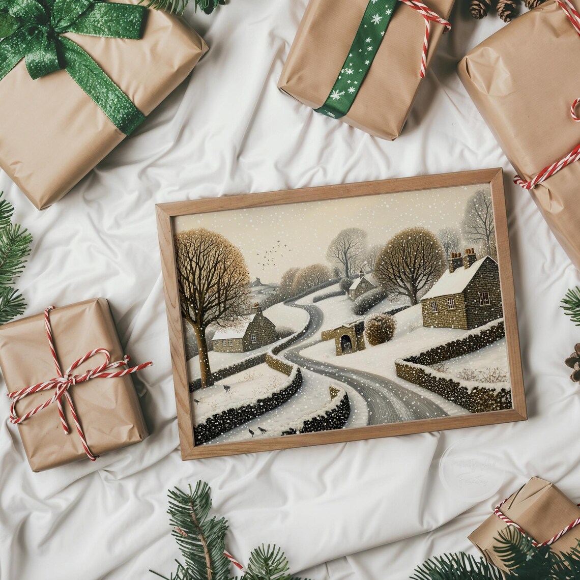 Snowy Village Road with Stone Cottages in Falling Snow Art Poster - Image 6