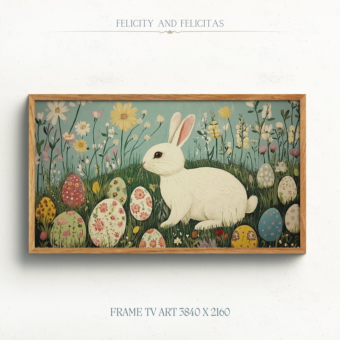 Retro Easter Bunny White Rabbit Wildflowers Eggs Frame TV Art Poster