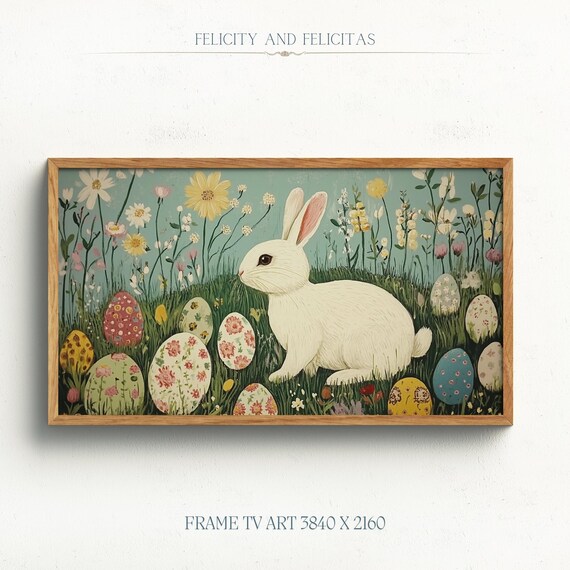Retro Easter Bunny White Rabbit Wildflowers Eggs Frame TV Art Poster