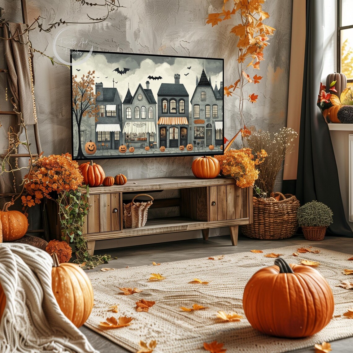 Spooky Halloween Gothic Street Jack O Lantern Bats Scene Poster - Image 4