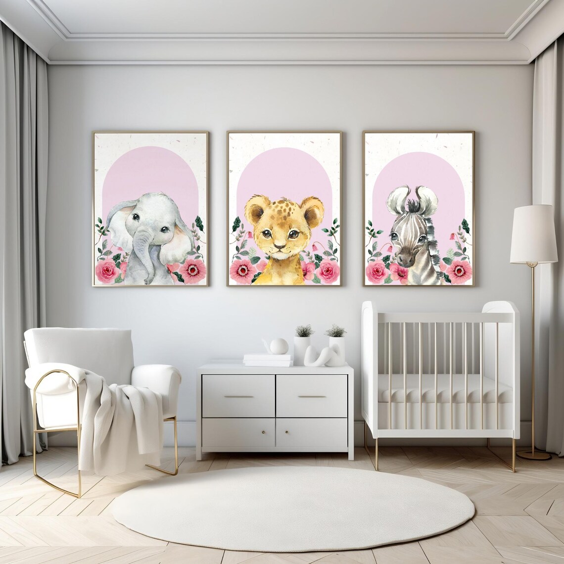 Baby Elephant Pink Floral Arch Watercolor Nursery Kids Wall Art - Image 4