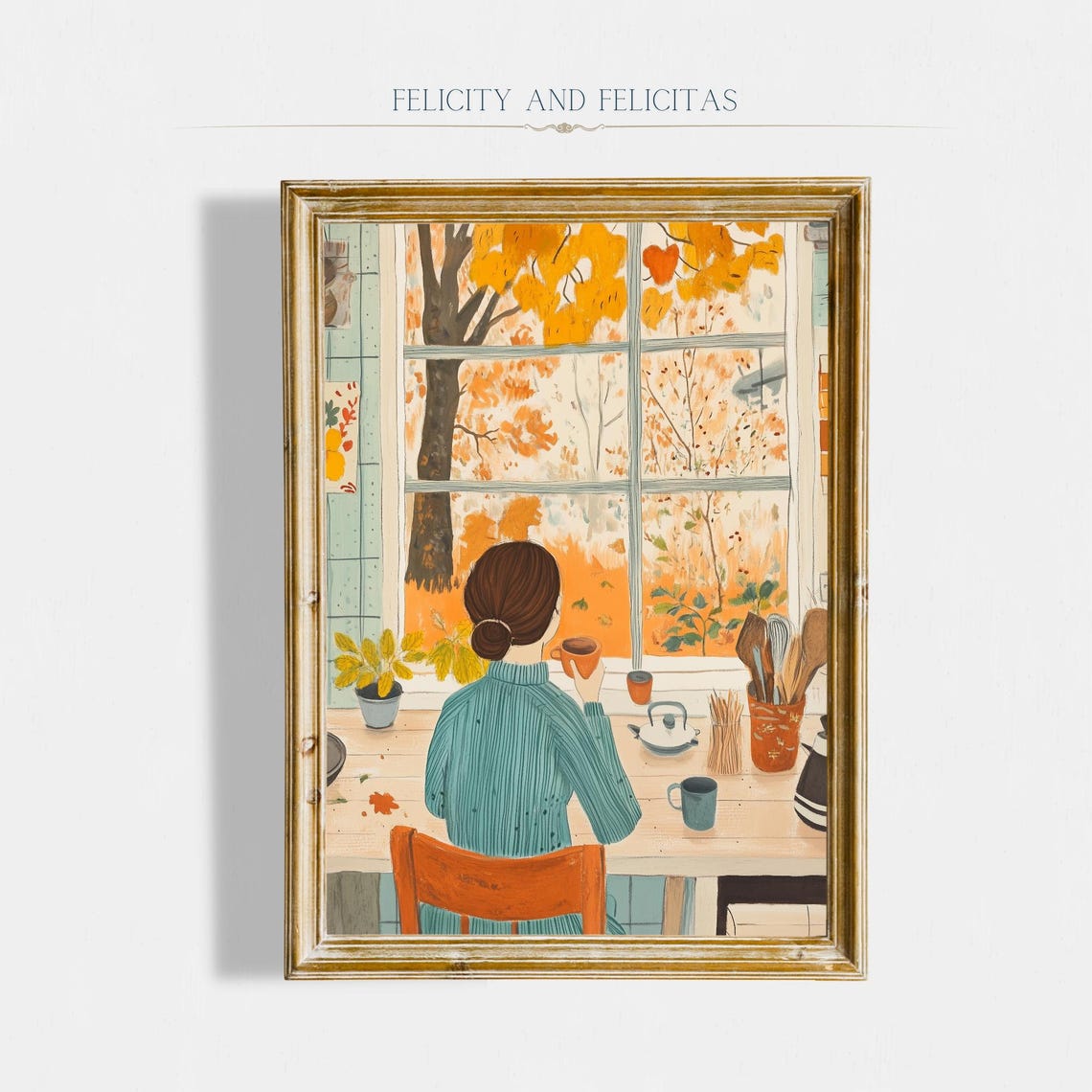 Autumn Window Woman Coffee Golden Foliage Kitchen Warm Wall Art