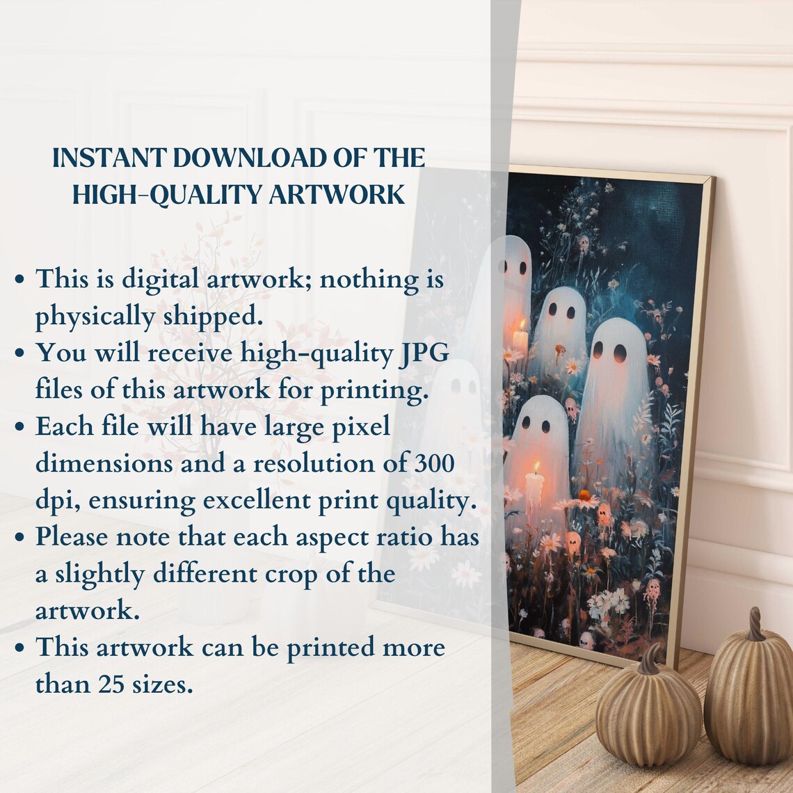 Cute Ghosts Among Flowers with Candles Spooky Night Art Poster - Image 3