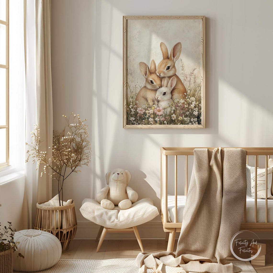 Cute Vintage Bunnies Wildflower Meadow Neutral Nursery Wall Art - Image 6