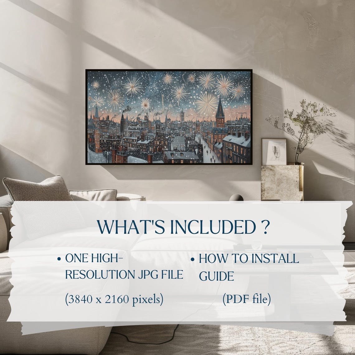 New Years Eve Vintage City Fireworks Snowy Night Rooftops Poster - Image 2