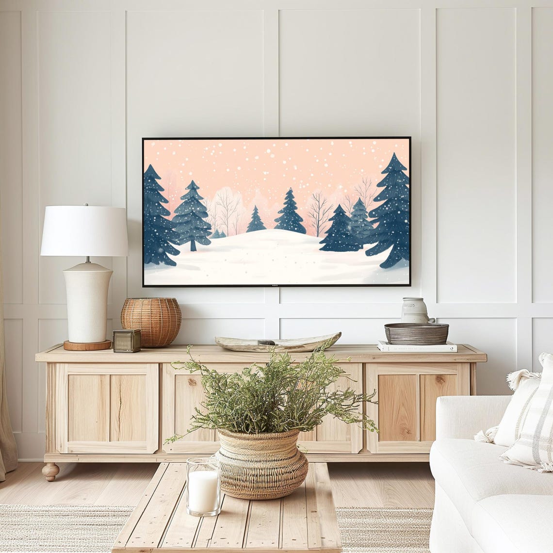 Snowy Pine Forest Peach Sky Falling Snow Christmas Poster Art - Image 4