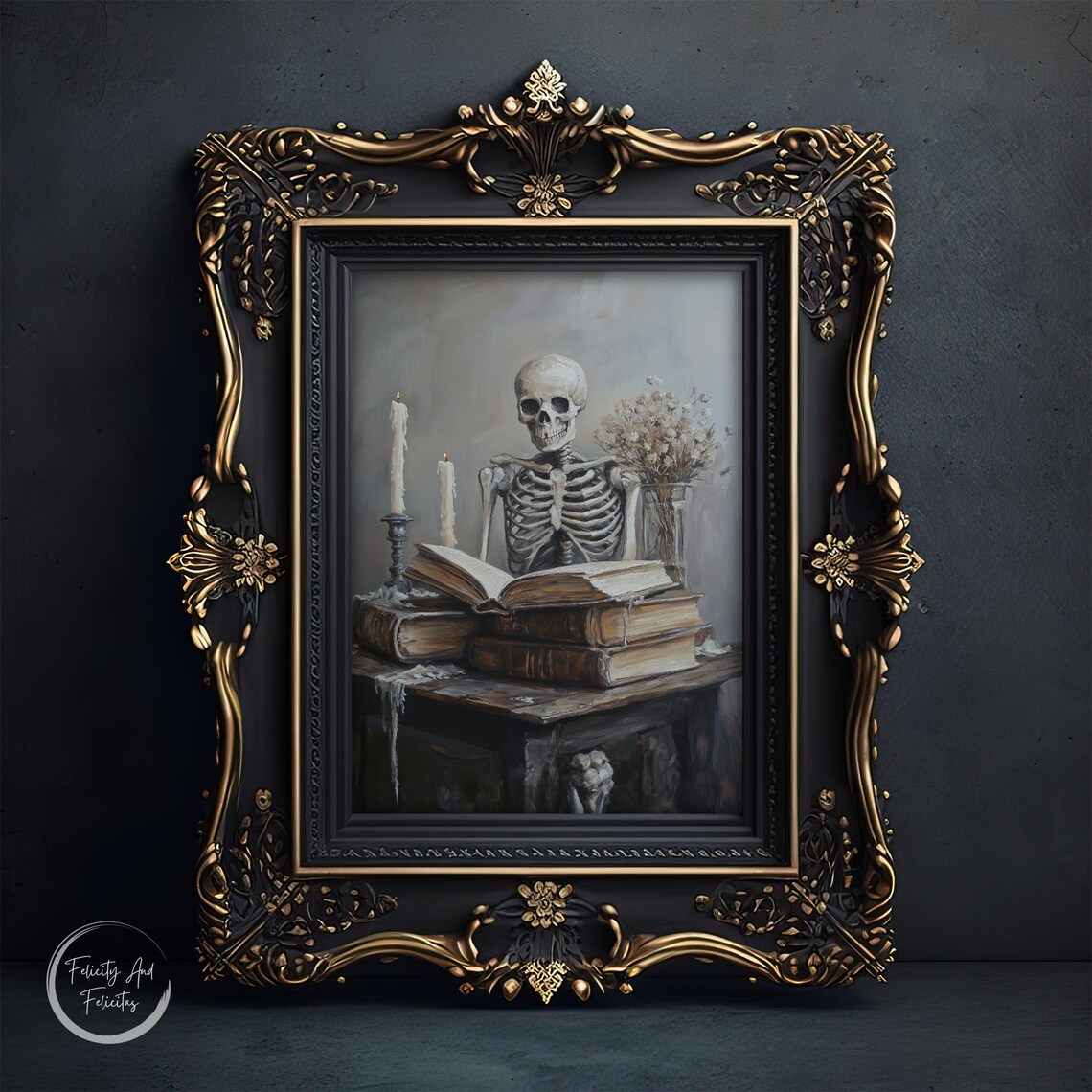Skeleton Behind Stack of Old Books Candles Moody Dark Academia Art Poster - Image 6