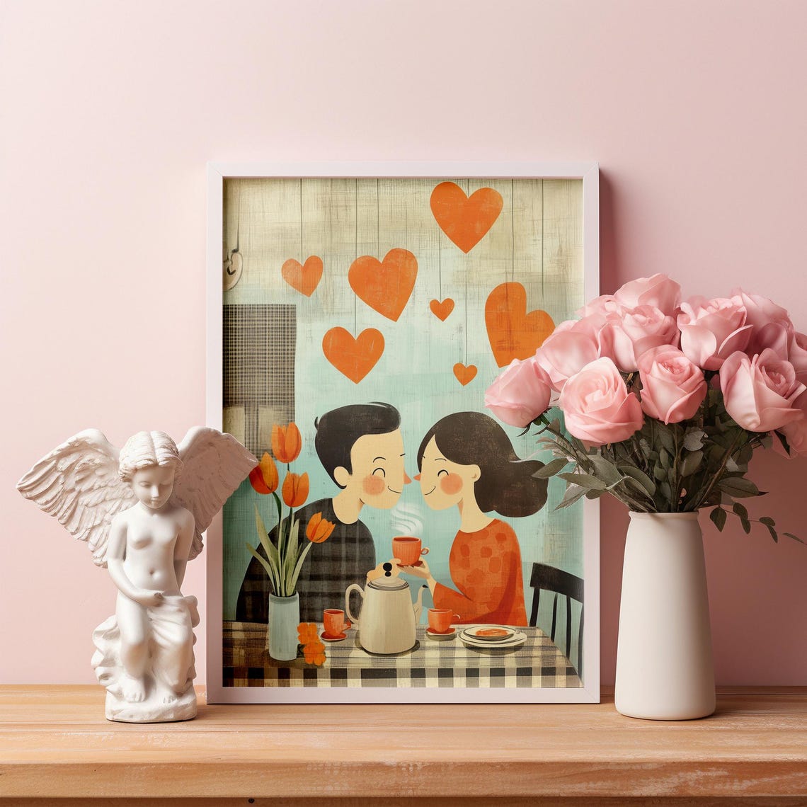 Retro Valentines Day Couple Tea Hearts Tulips Love Sweet Wall Art - Image 5