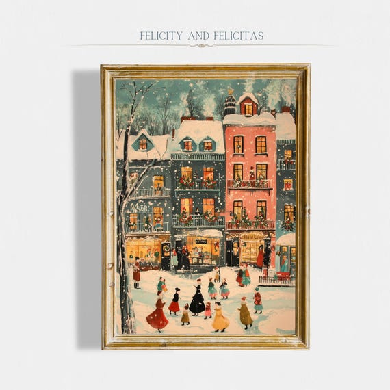 Colorful Christmas Town Retro Holiday Wall Art Print