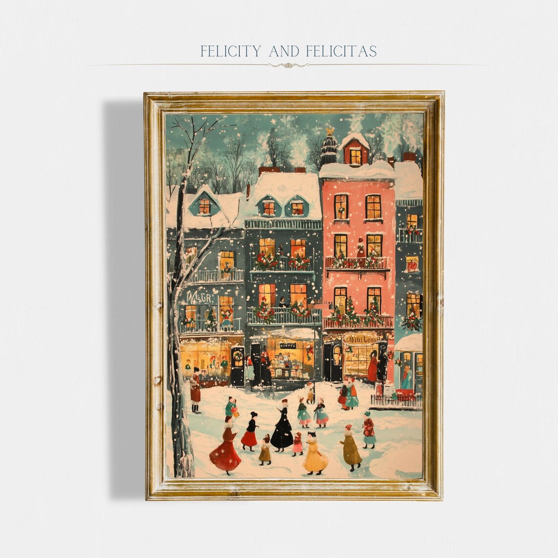 Colorful Christmas Town Retro Holiday Wall Art Print