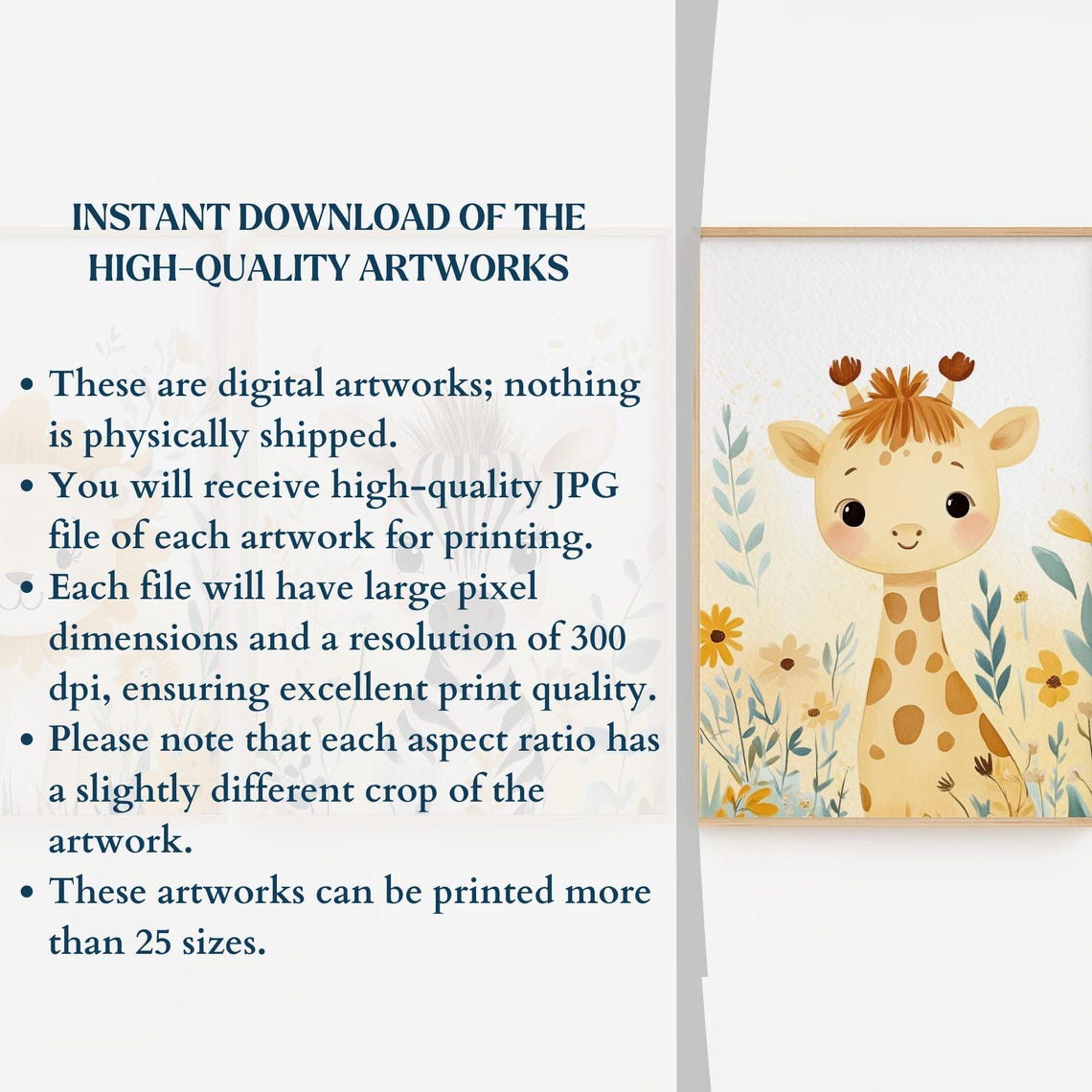 Safari Nursery Set Lion Zebra Giraffe Yellow Floral Kids Wall Art - Image 2