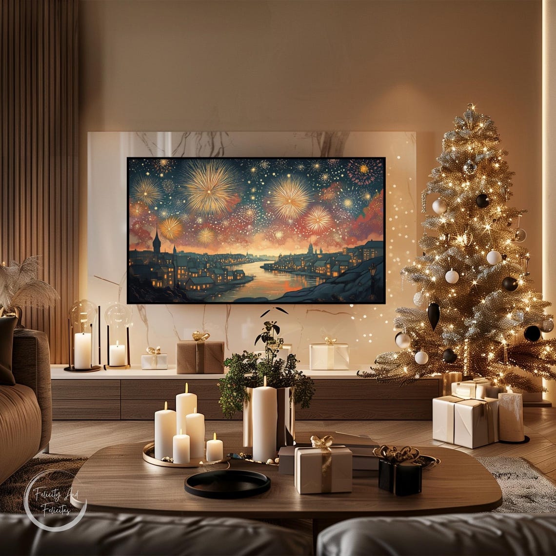 Fireworks Night Riverside Town Golden Sky Reflection Wall Art - Image 3