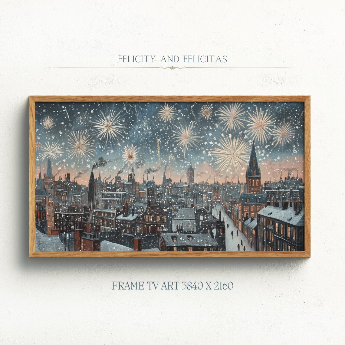 New Years Eve Vintage City Fireworks Snowy Night Rooftops Poster