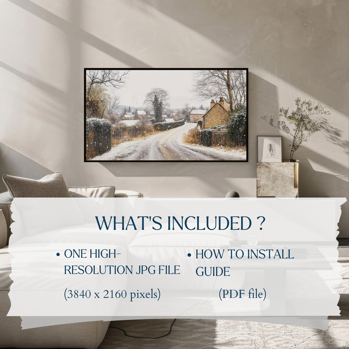 Winter Snowy Country Lane Cottages Falling Snow Frame TV Art Poster - Image 2